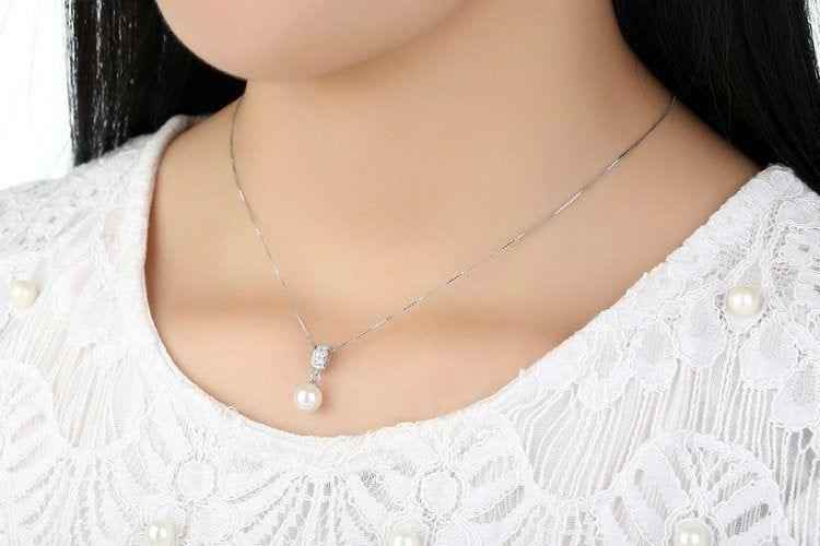 925 Sterling Silver Simulated White Pearl Necklace Charm Jewelry FB316 - Touchy Style .