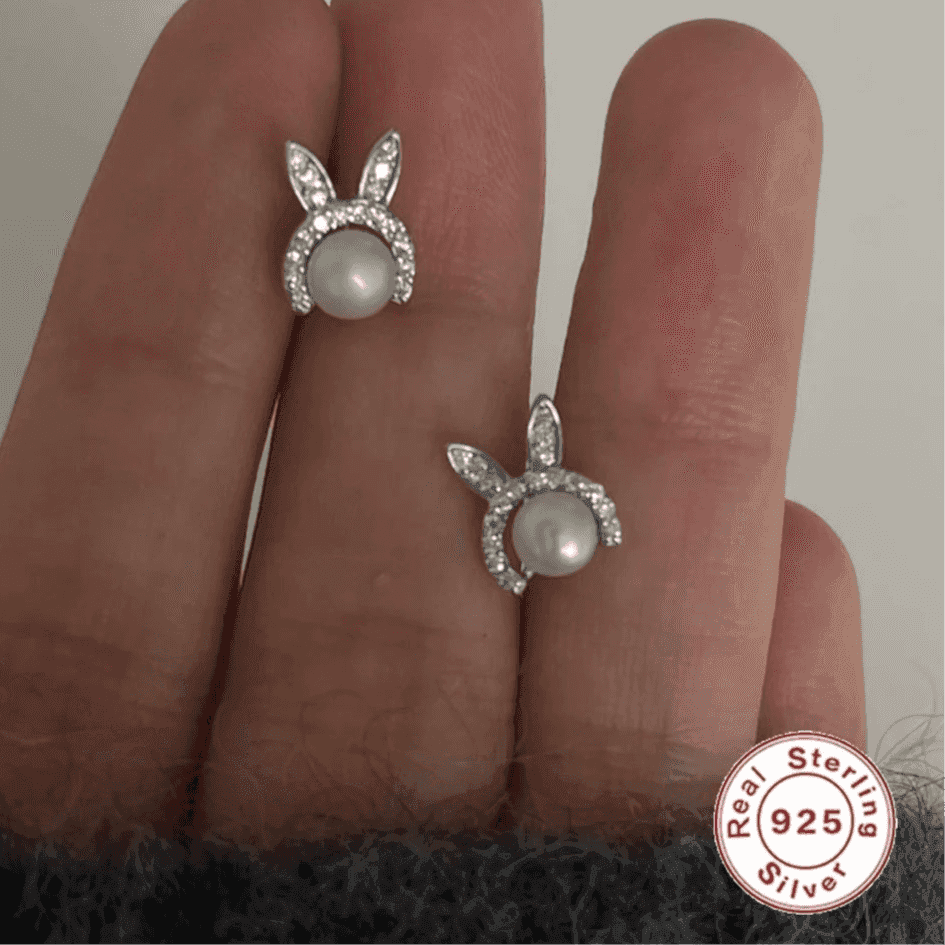 925 Sterling Silver Stud Earrings Charm Jewelry - Bunny Pearl Zircon - Xm402 - Touchy Style