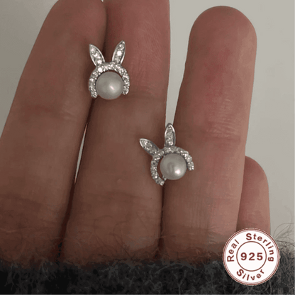 925 Sterling Silver Stud Earrings Charm Jewelry - Bunny Pearl Zircon - Xm402 - Touchy Style