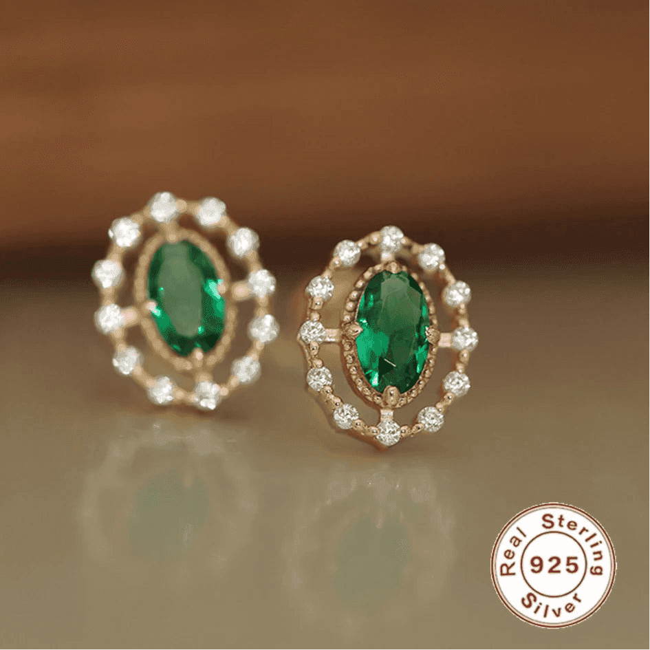 925 Sterling Silver Stud Earrings Charm Jewelry - Emerald Zircon Oval - Xm360 - Touchy Style