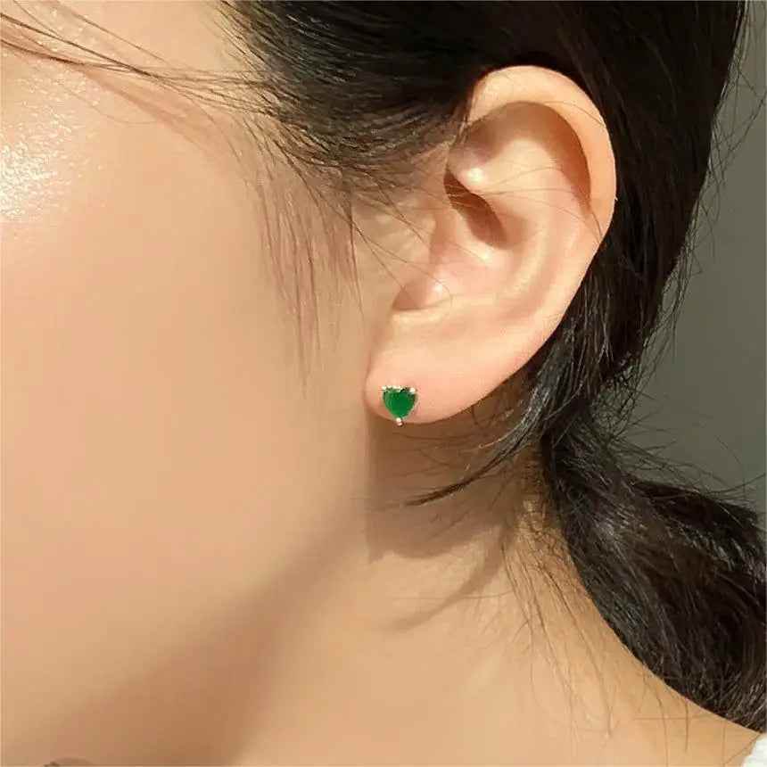 925 Sterling Silver Stud Earrings Charm Jewelry - Green Zircon Heart-shaped - Xm381 - Touchy Style