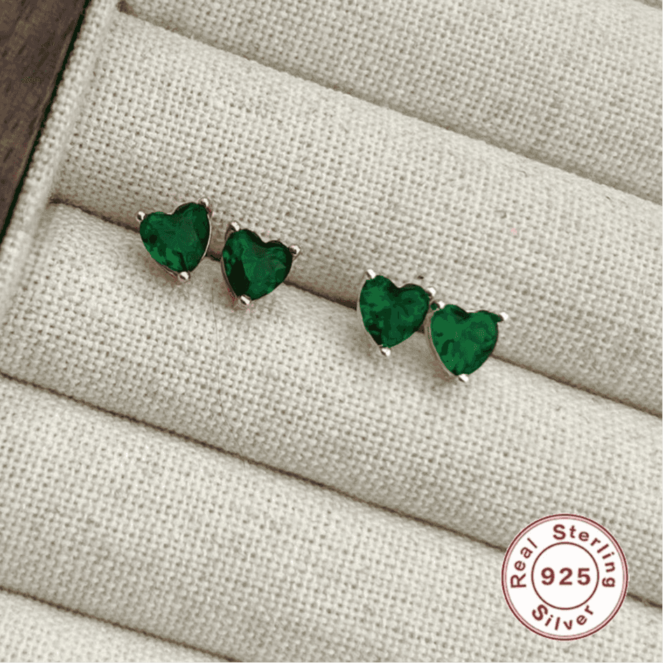925 Sterling Silver Stud Earrings Charm Jewelry - Green Zircon Heart-shaped - Xm381 - Touchy Style