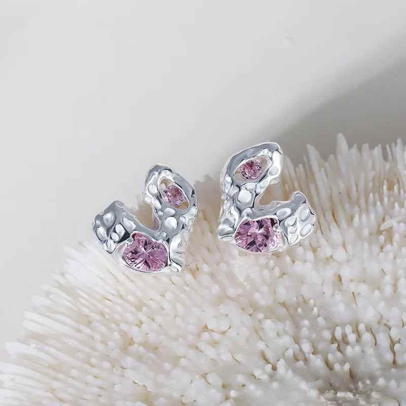 925 Sterling Silver Stud Earrings Charm Jewelry - Irregular Geometric Heart - TSJ153 - Touchy Style