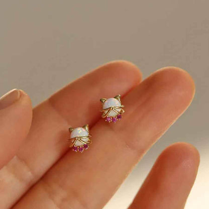 925 Sterling Silver Stud Earrings Charm Jewelry - Opal Cat Shape - Xm367 - Touchy Style