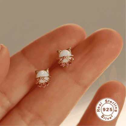 925 Sterling Silver Stud Earrings Charm Jewelry - Opal Cat Shape - Xm367 - Touchy Style