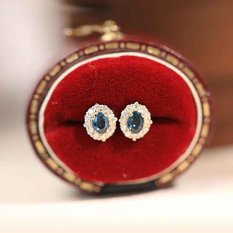 925 Sterling Silver Stud Earrings Charm Jewelry - Oval Blue Spinel Zirconia - Xm383 - Touchy Style