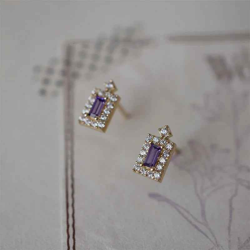 925 Sterling Silver Stud Earrings Charm Jewelry - Purple Rectangle Zircon - Xm372 - Touchy Style