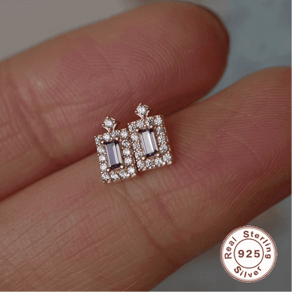925 Sterling Silver Stud Earrings Charm Jewelry - Purple Rectangle Zircon - Xm372 - Touchy Style