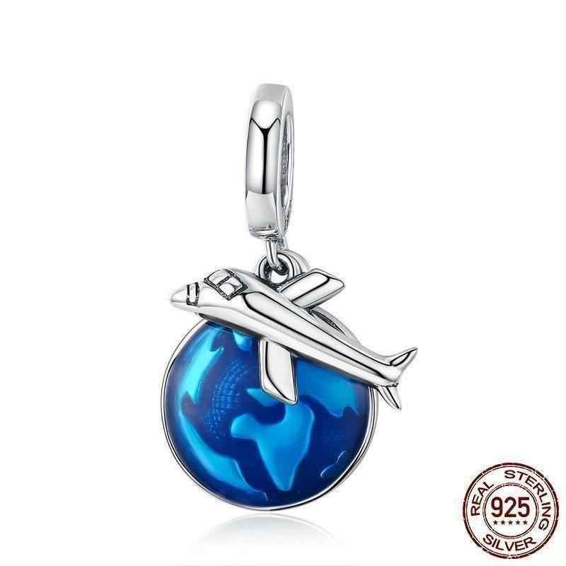 925 Sterling Silver Travel Around World Plane Pendant Charm Jewelry Without Chain - Touchy Style .