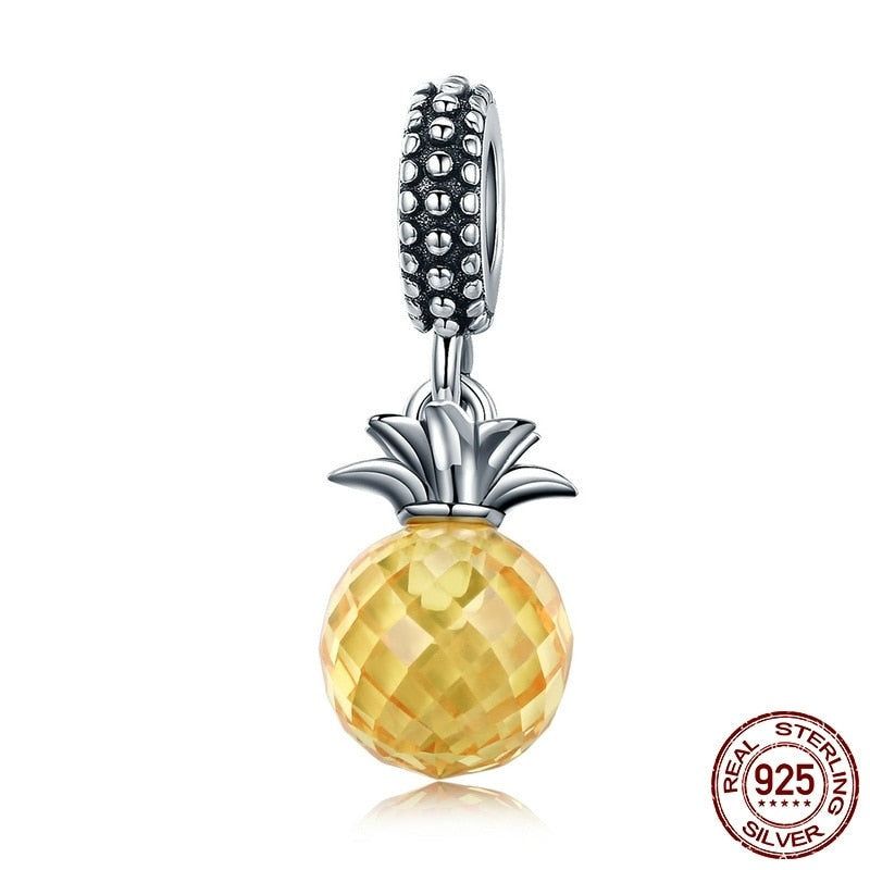 925 Sterling Silver Yellow Crystal Pineapple Pendent Charm Jewelry 