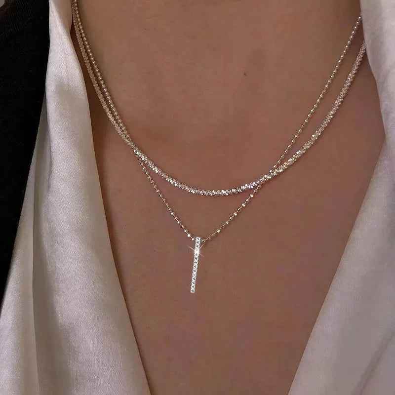 925 Sterling Silver Double Layer Necklaces Charm Jewelry - Sparkling Clavicle Pendant - NK204 - Touchy Style