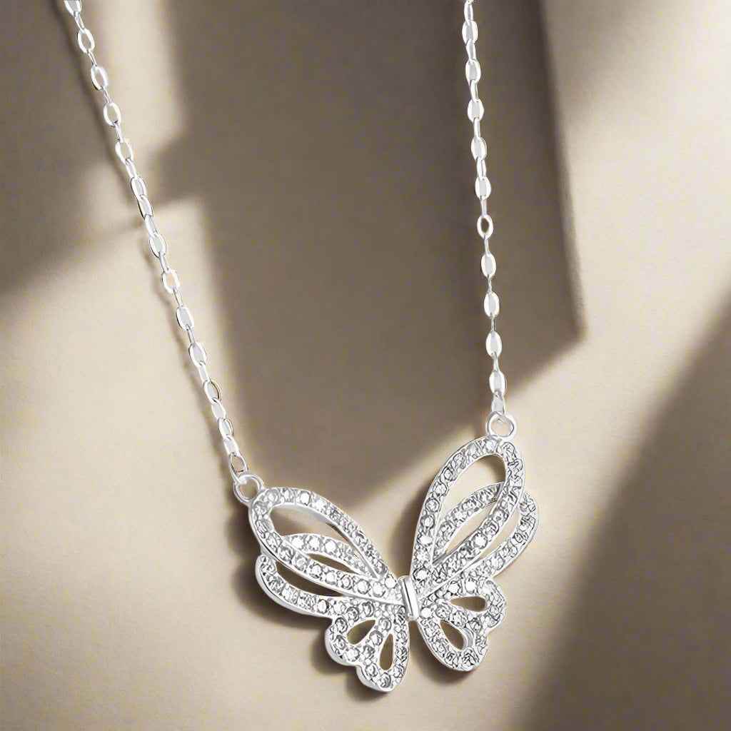 925 Sterling Silver Necklace Charm Jewelry - Shiny Full Zircon - Butterfly Pendant - NK212 - Touchy Style