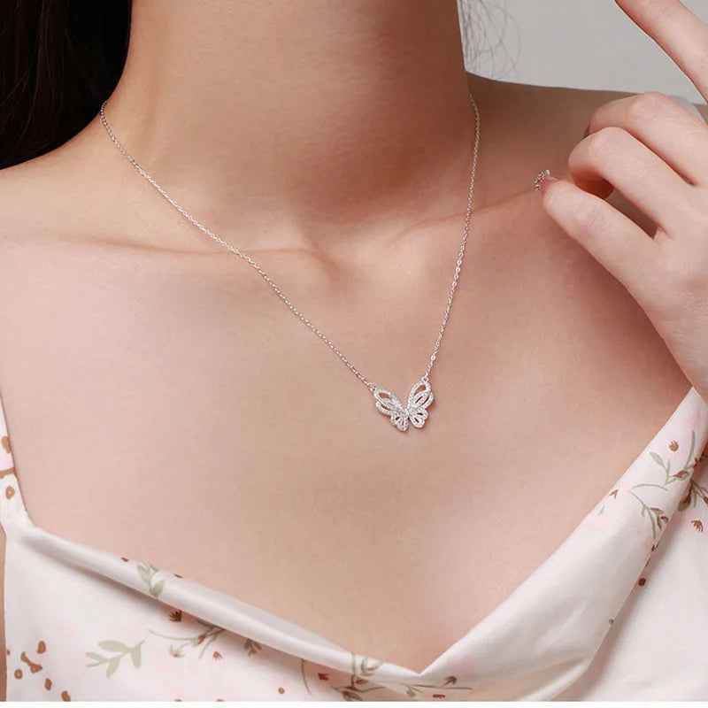 925 Sterling Silver Necklace Charm Jewelry - Shiny Full Zircon - Butterfly Pendant - NK212 - Touchy Style
