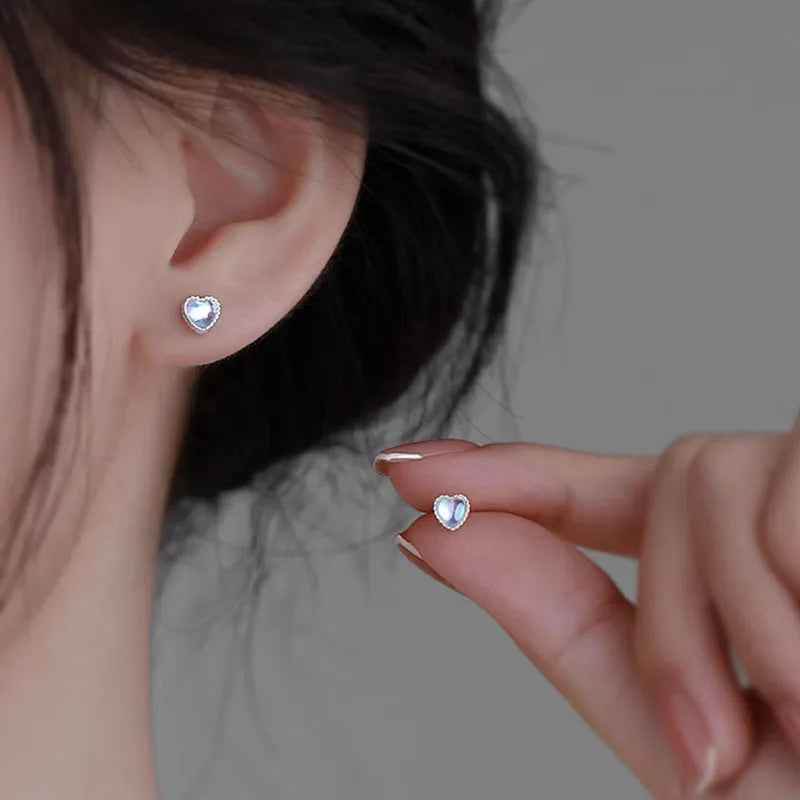 925 Sterling Silver Stud Earrings Charm Jewelry - Moonlight Stone Heart - ER104 - Touchy Style