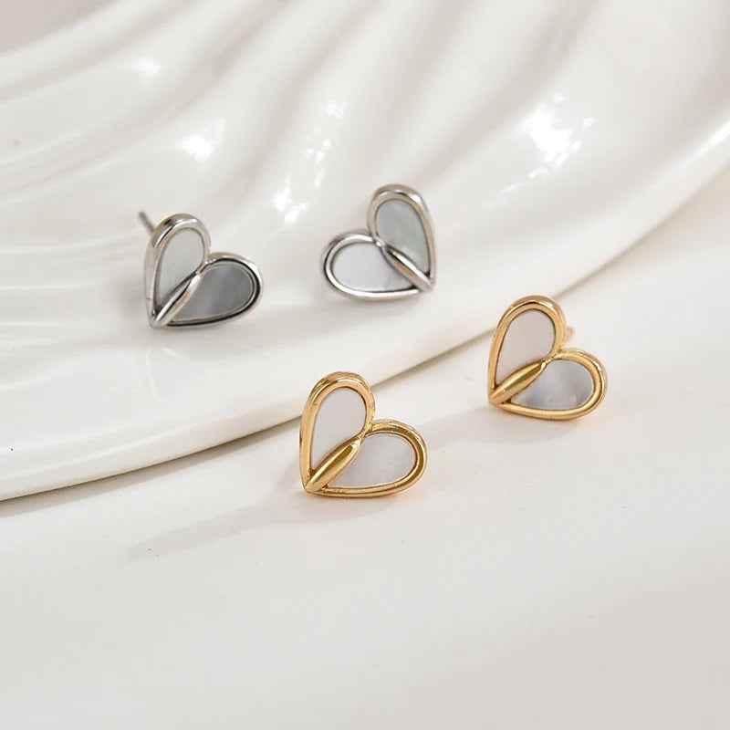 925 Sterling Silver Stud Earrings Charm Jewelry - Small White Shells Heart - ER073 - Touchy Style