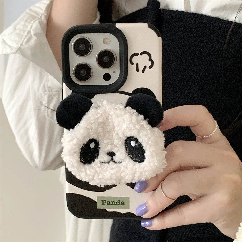 Cute Phone Cases For iPhone 15 Pro Max, 14 Pro Max,13, 12 Pro, 11 - Cartoon 3D Plush Panda Bracket - PC8130 - Touchy Style