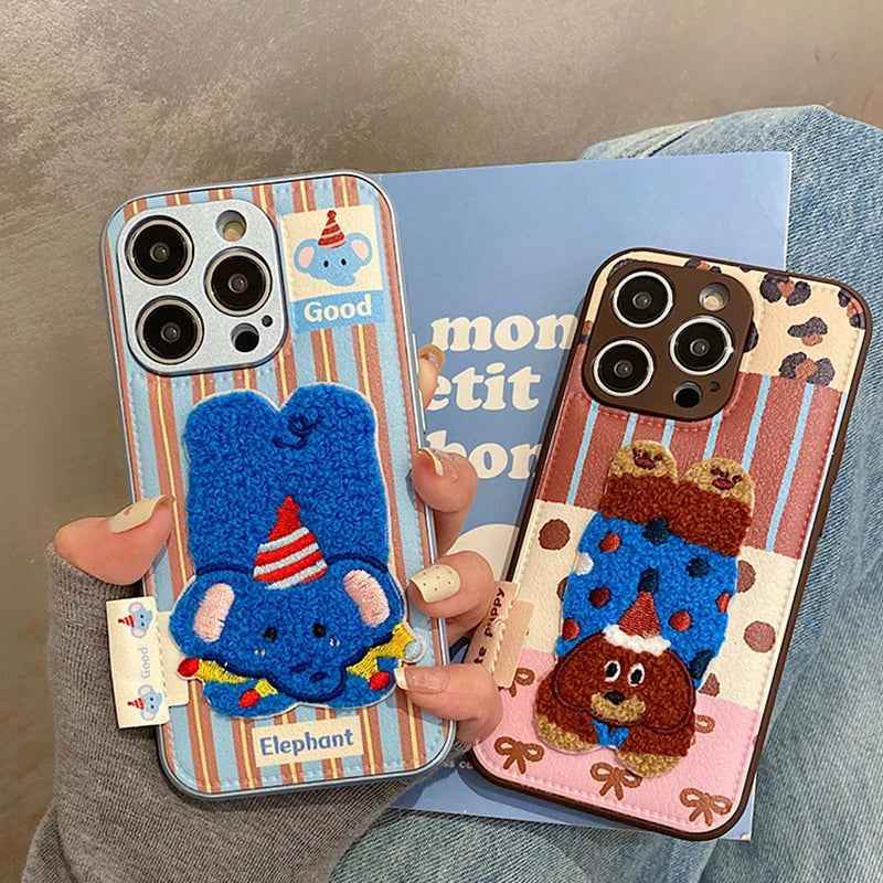 Cute Phone Cases For iPhone 16, 15, 13, 14, 11, 12 Pro Max - Cartoon 3D Plush Elephant Puppy Drum Leather Cover - PC3020 - Touchy Style