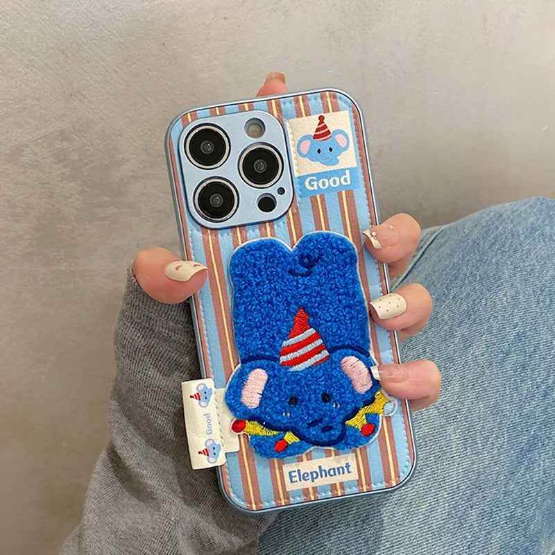 Cute Phone Cases For iPhone 16, 15, 13, 14, 11, 12 Pro Max - Cartoon 3D Plush Elephant Puppy Drum Leather Cover - PC3020 - Touchy Style
