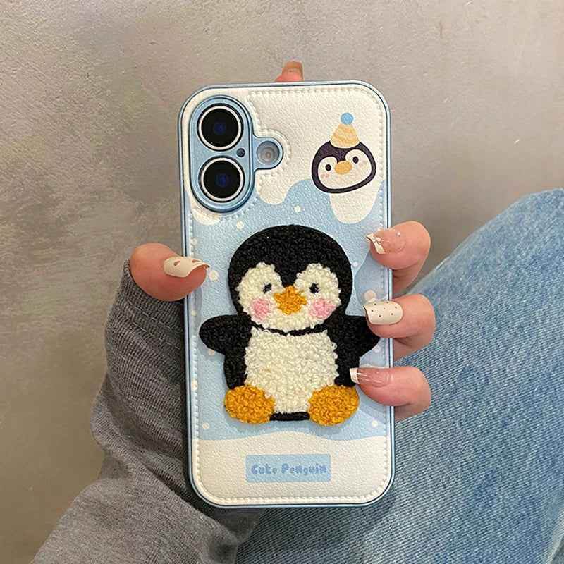Cute Phone Cases For iPhone 16, 15, 13, 14 Pro Max - Embroidery Penguin Leather Soft Cover - PC8510 - Touchy Style