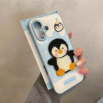 Cute Phone Cases For iPhone 16, 15, 13, 14 Pro Max - Embroidery Penguin Leather Soft Cover - PC8510 - Touchy Style