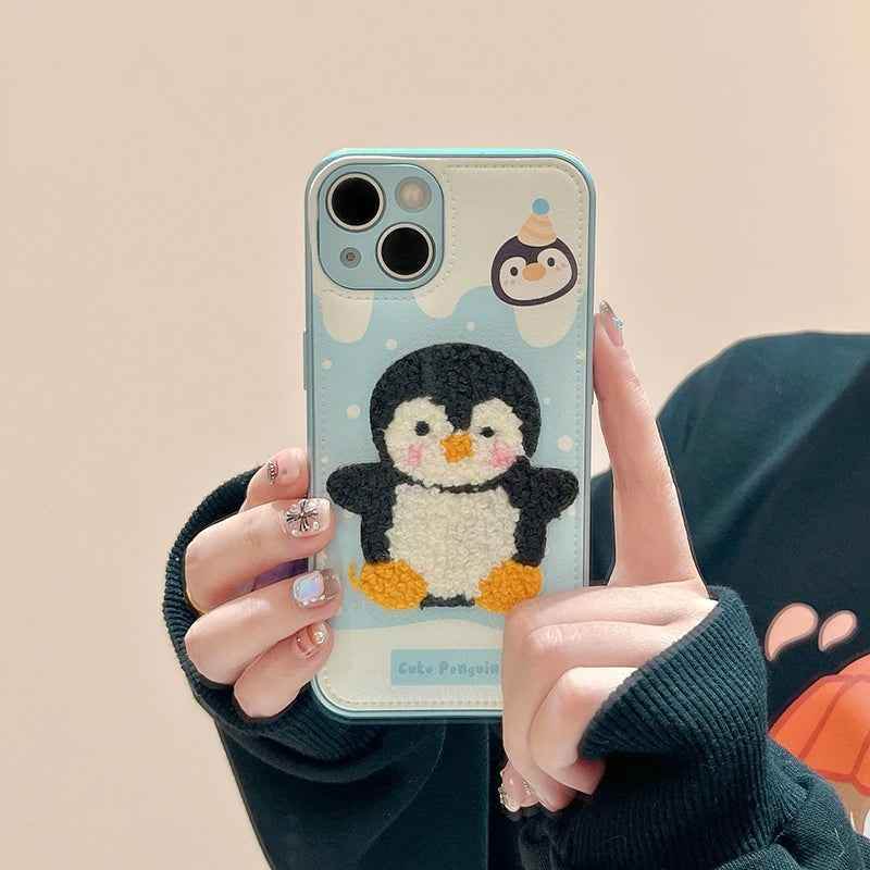 Cute Phone Cases For iPhone 16, 15, 13, 14 Pro Max - Embroidery Penguin Leather Soft Cover - PC8510 - Touchy Style