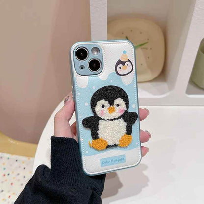 Cute Phone Cases For iPhone 16, 15, 13, 14 Pro Max - Embroidery Penguin Leather Soft Cover - PC8510 - Touchy Style