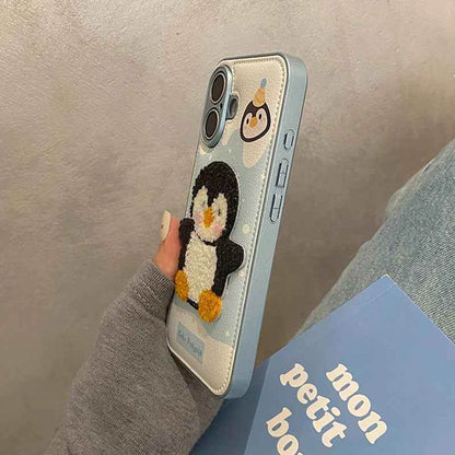 Cute Phone Cases For iPhone 16, 15, 13, 14 Pro Max - Embroidery Penguin Leather Soft Cover - PC8510 - Touchy Style