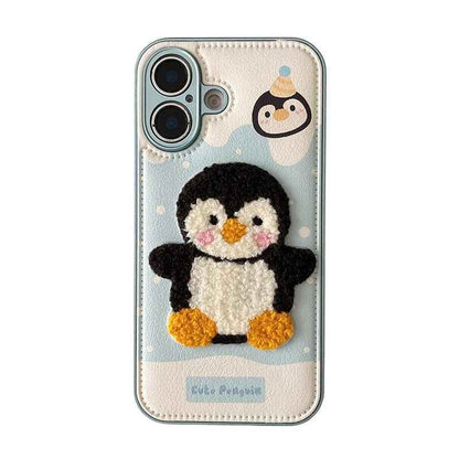 Cute Phone Cases For iPhone 16, 15, 13, 14 Pro Max - Embroidery Penguin Leather Soft Cover - PC8510 - Touchy Style