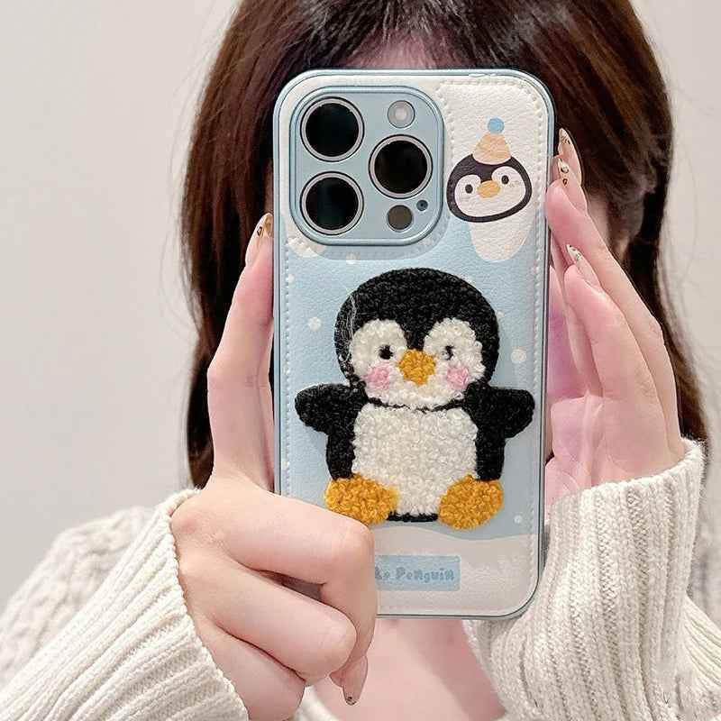 Cute Phone Cases For iPhone 16, 15, 13, 14 Pro Max - Embroidery Penguin Leather Soft Cover - PC8510 - Touchy Style