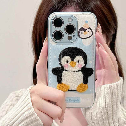 Cute Phone Cases For iPhone 16, 15, 13, 14 Pro Max - Embroidery Penguin Leather Soft Cover - PC8510 - Touchy Style