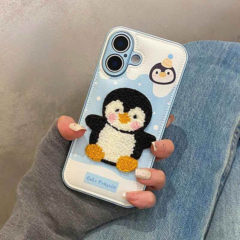 Cute Phone Cases For iPhone 16, 15, 13, 14 Pro Max - Embroidery Penguin Leather Soft Cover - PC8510 - Touchy Style