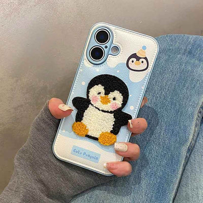 Cute Phone Cases For iPhone 16, 15, 13, 14 Pro Max - Embroidery Penguin Leather Soft Cover - PC8510 - Touchy Style