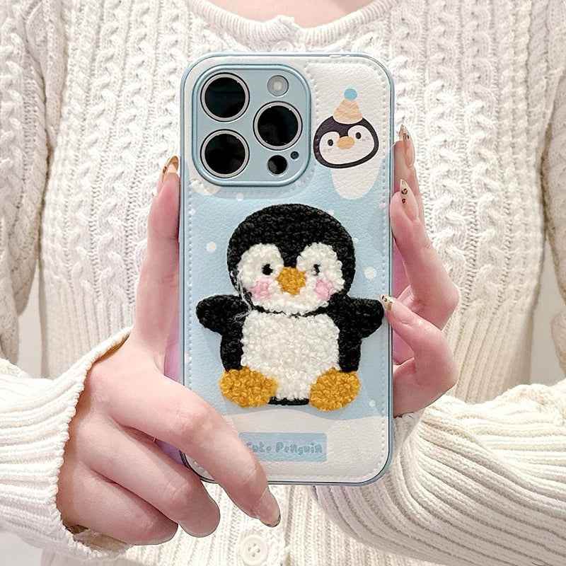Cute Phone Cases For iPhone 16, 15, 13, 14 Pro Max - Embroidery Penguin Leather Soft Cover - PC8510 - Touchy Style