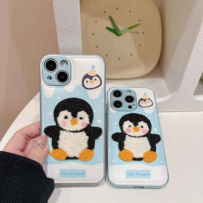 Cute Phone Cases For iPhone 16, 15, 13, 14 Pro Max - Embroidery Penguin Leather Soft Cover - PC8510 - Touchy Style