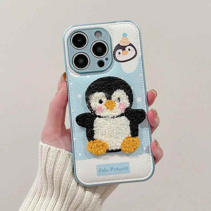 Cute Phone Cases For iPhone 16, 15, 13, 14 Pro Max - Embroidery Penguin Leather Soft Cover - PC8510 - Touchy Style
