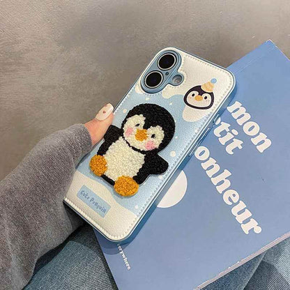 Cute Phone Cases For iPhone 16, 15, 13, 14 Pro Max - Embroidery Penguin Leather Soft Cover - PC8510 - Touchy Style