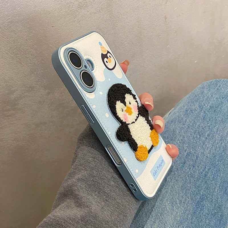 Cute Phone Cases For iPhone 16, 15, 13, 14 Pro Max - Embroidery Penguin Leather Soft Cover - PC8510 - Touchy Style