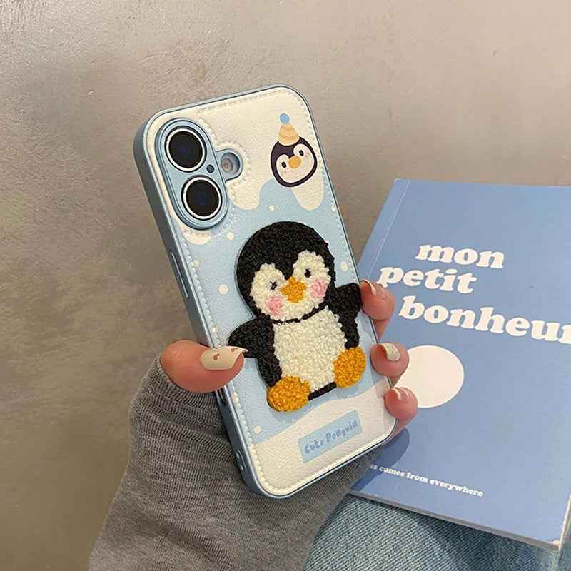 Cute Phone Cases For iPhone 16, 15, 13, 14 Pro Max - Embroidery Penguin Leather Soft Cover - PC8510 - Touchy Style