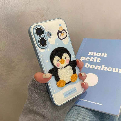 Cute Phone Cases For iPhone 16, 15, 13, 14 Pro Max - Embroidery Penguin Leather Soft Cover - PC8510 - Touchy Style