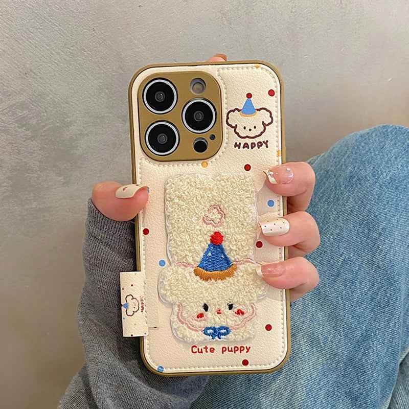 Cute Phone Cases For iPhone 16, 15, 14, 13, 12, 11 Pro Max - Cartoon Puppy Dog - Embroidered Leather Back Cover - PC2110 - Touchy Style