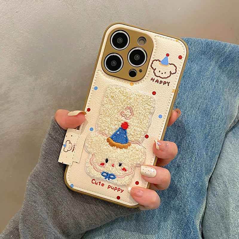 Cute Phone Cases For iPhone 16, 15, 14, 13, 12, 11 Pro Max - Cartoon Puppy Dog - Embroidered Leather Back Cover - PC2110 - Touchy Style