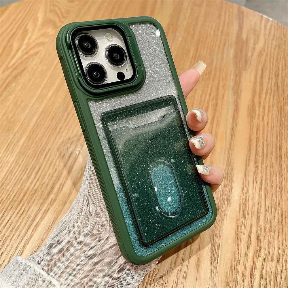 Cute Phone Cases For iPhone 16, 15, 14 Pro Max, 13, 12, 11 Plus - Glitter Gradient Card Holder Bracket - PC217 - Touchy Style