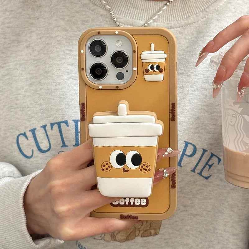 Cute Phone Cases For iPhone 16 Pro Max, 15, 14, 13, 12, 11 - Funny 3D Coffee Cup - Folding Holder Stand - PC0020 - Touchy Style