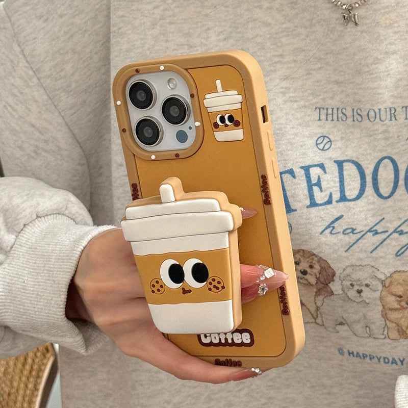 Cute Phone Cases For iPhone 16 Pro Max, 15, 14, 13, 12, 11 - Funny 3D Coffee Cup - Folding Holder Stand - PC0020 - Touchy Style