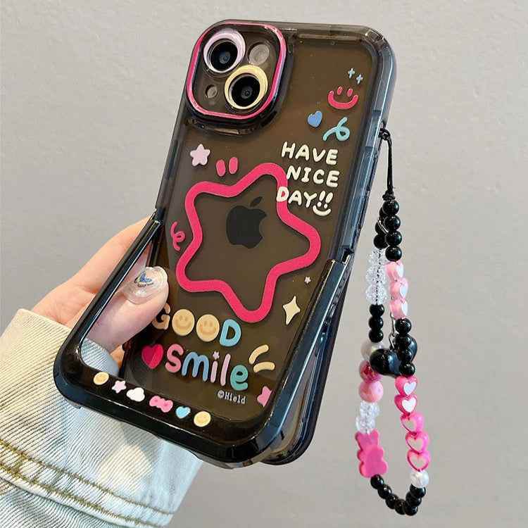 Cute Phone Cases For iPhone 16 Pro Max, 15, 14, 13, 12, 11, 15 Plus - Cartoon Smiling Face Stars - Folding Holder Stand - PC6510 - Touchy Style