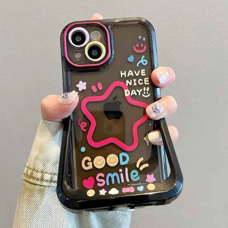 Cute Phone Cases For iPhone 16 Pro Max, 15, 14, 13, 12, 11, 15 Plus - Cartoon Smiling Face Stars - Folding Holder Stand - PC6510 - Touchy Style