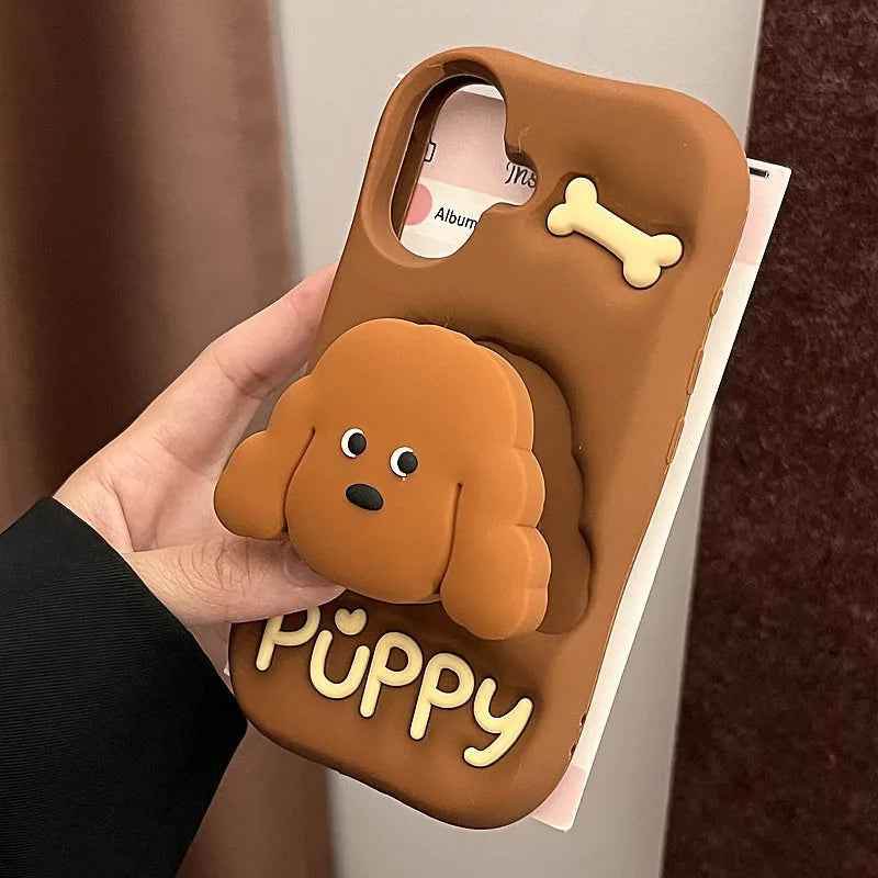 Cute Phone Cases For iPhone 16 Pro Max, 15, 14, 13, 12 Plus - Cartoon 3D Puppy Dog Holder - PC8410 - Touchy Style