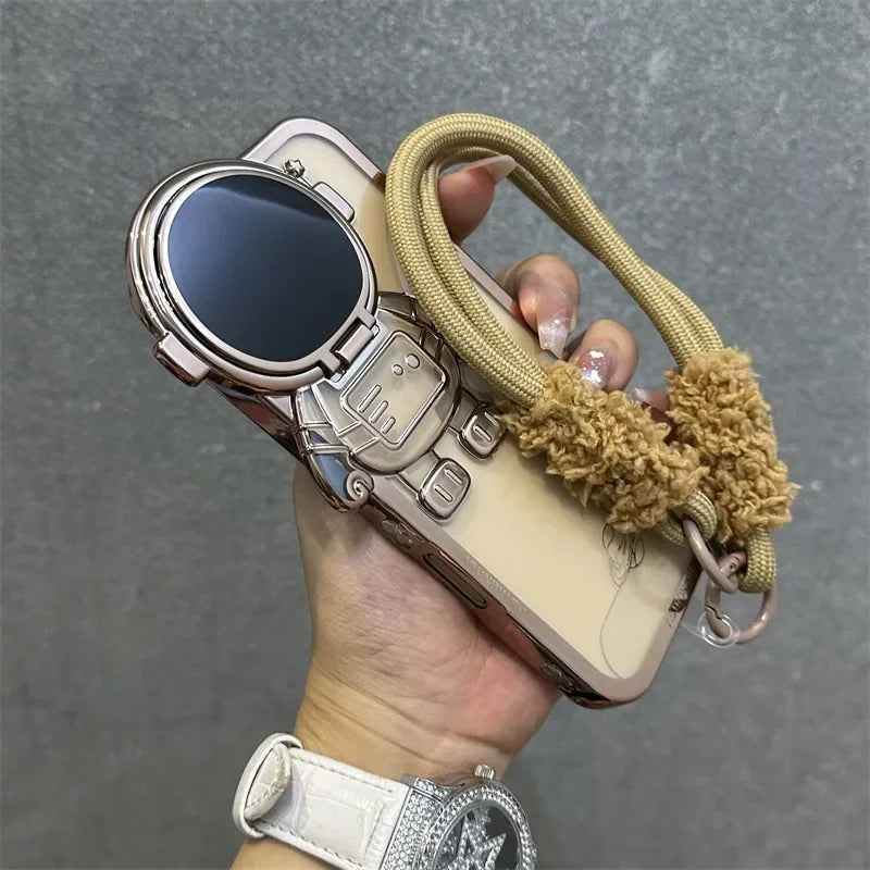 Cute Phone Cases for iPhone 16,15 Pro Max, 14, 13, 12, 11 - Cartoon Astronaut - Transparent Bracket Lanyard Cover - PC233 - Touchy Style