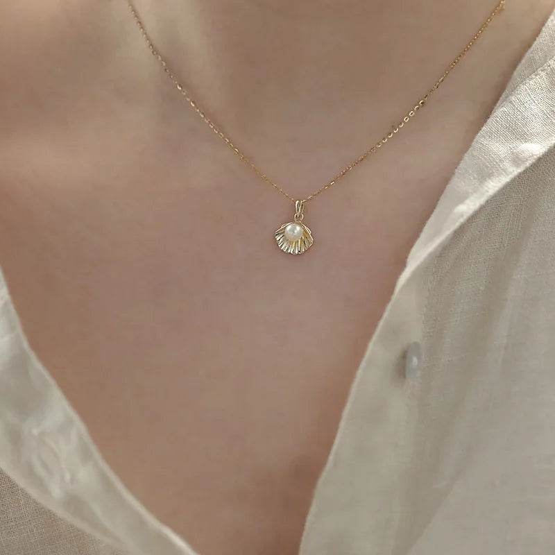 High Quality 925 Sterling Silver Plated 14K Gold Pearl Shell Necklace for Women Fashion Temperament Valentine&