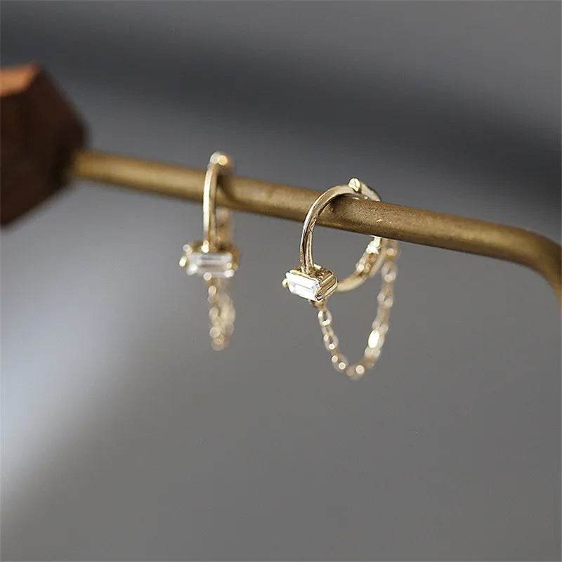 925 Sterling Silver French Simple Square Crystal Chain Earrings women Light Luxury Temperament Wedding Party Jewelry - Touchy Style